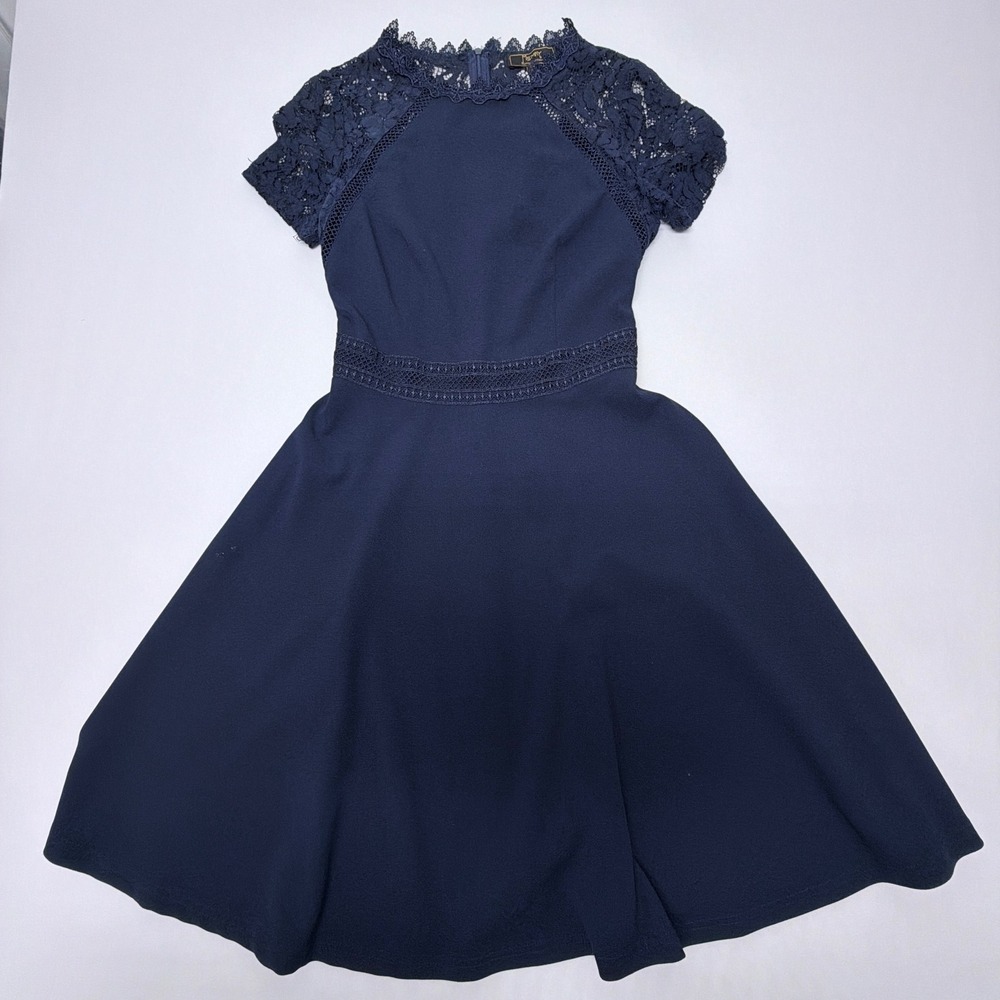Missmay Navy Blue Lace Mock Neck Fit and Flare Skater Dress Small